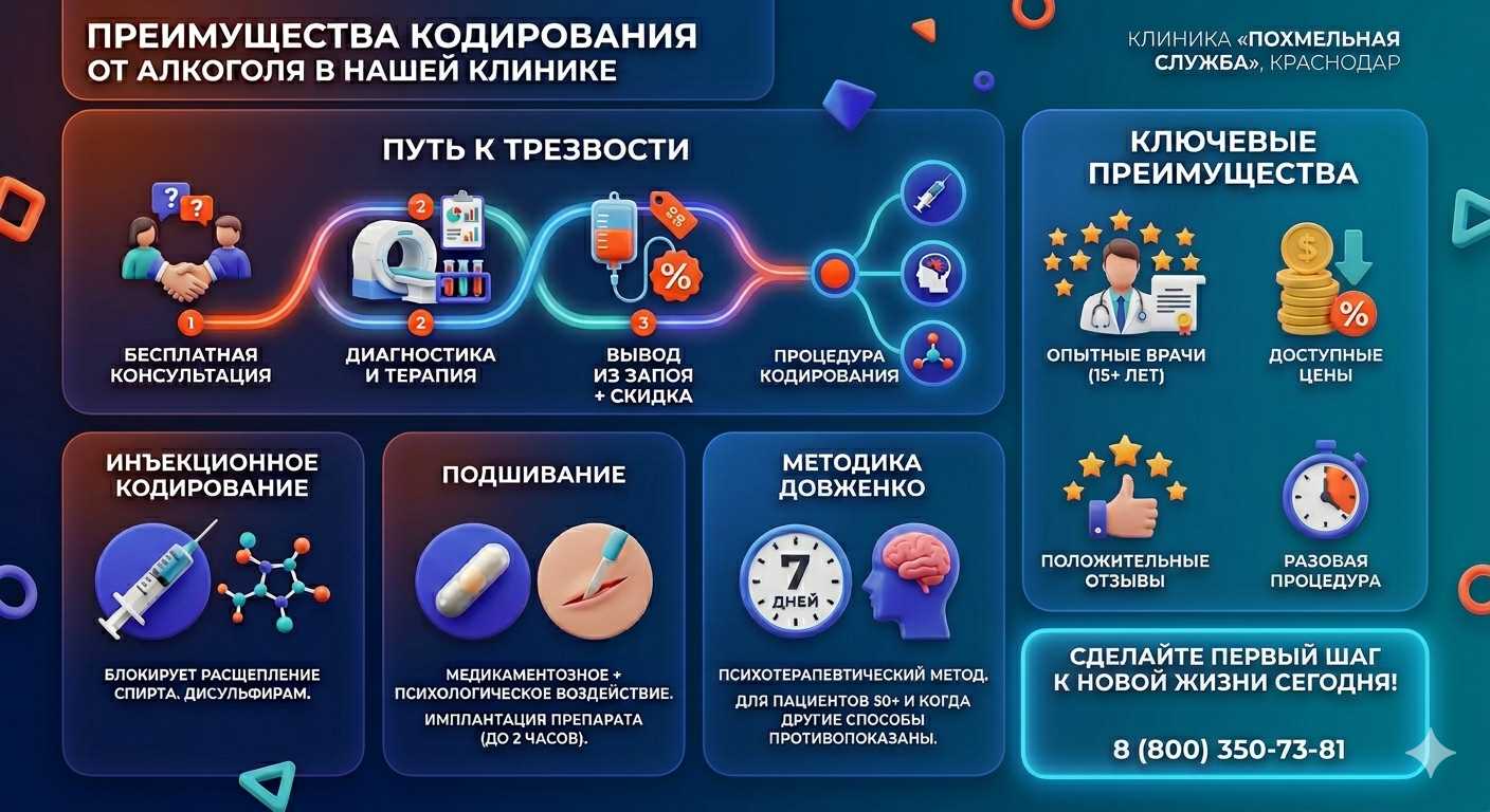 Инфографика о методах кодирования от алкоголя в Дивногорске: инъекции, подшивание, метод Довженко. Преимущества клиники и этапы лечения.